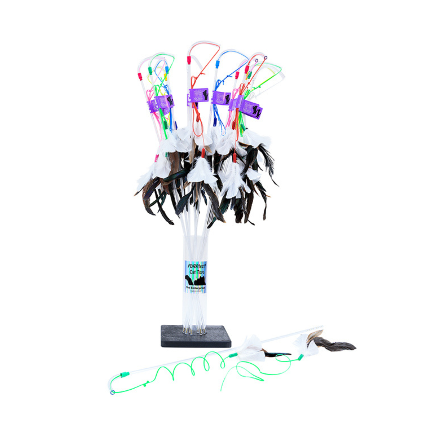 Decorative feathered item with colorful ribbons on a white background