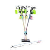 Set of fishing lures on a stand with labels on a white background