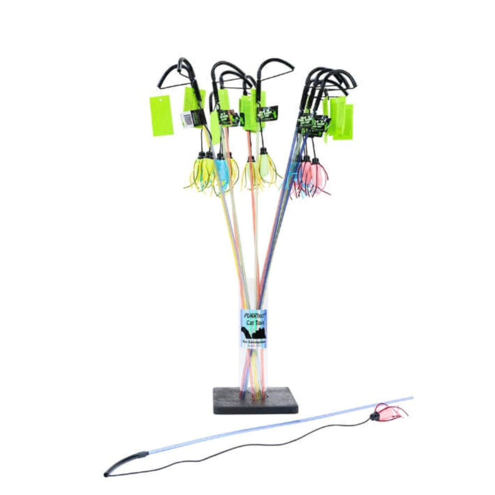Set of fishing lures on a stand with labels on a white background