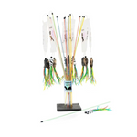 Collection of fishing lures on a stand with a white background