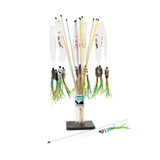 Collection of fishing lures on a stand with a white background