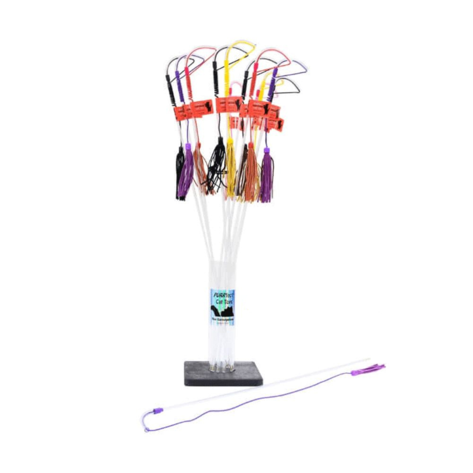 Colorful fishing line and lure set on a stand with a white background
