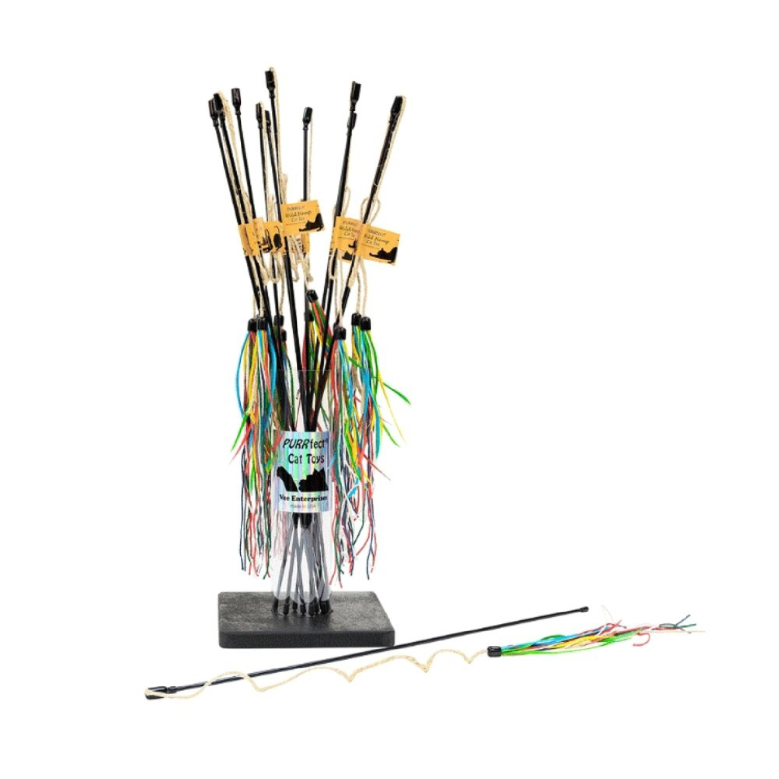 FurReal cat toy set with multiple fishing rods and colorful tassels on a white background