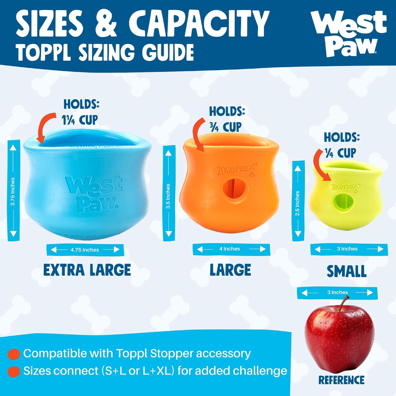 West Paw Toppl sizing guide with three cup sizes and a reference apple.