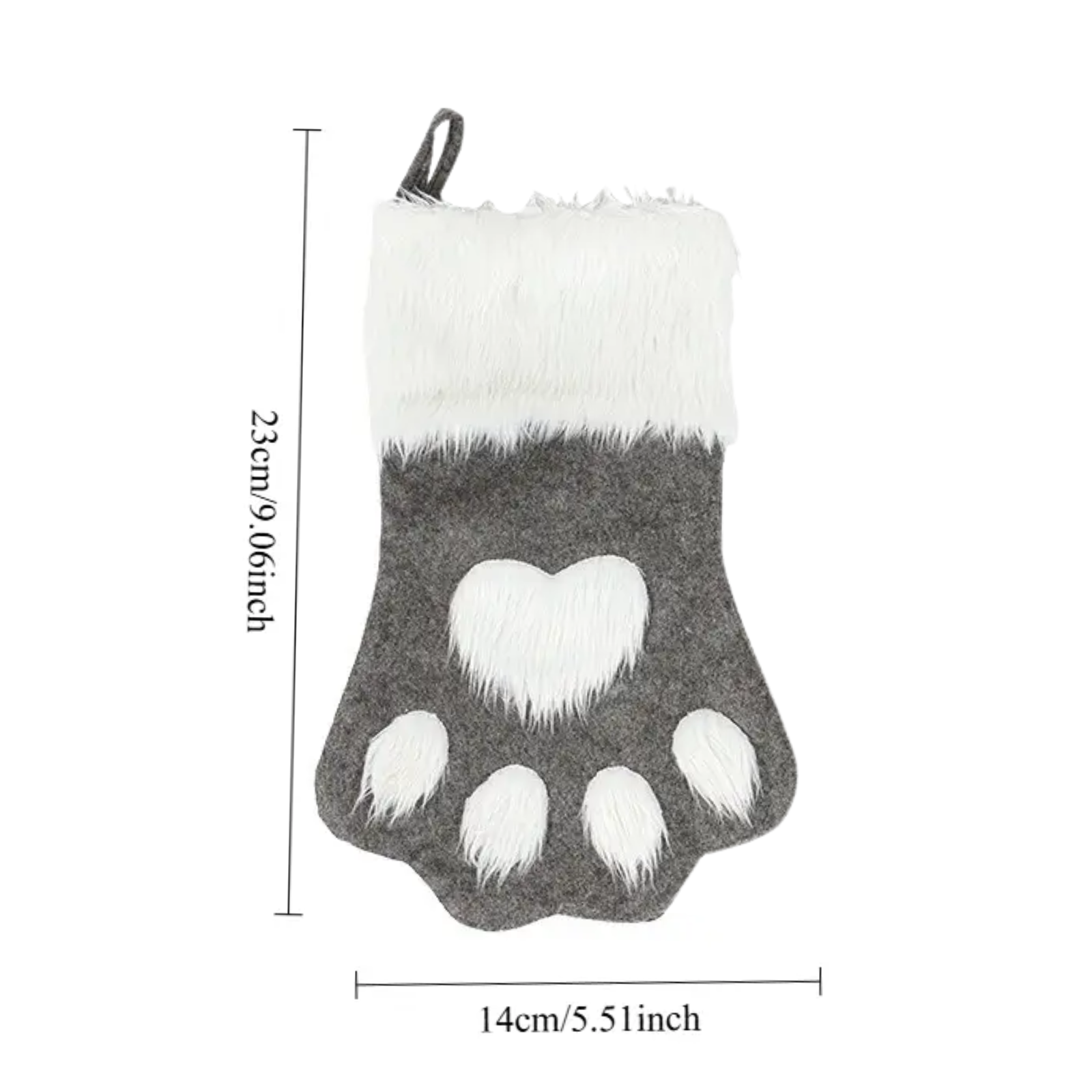 Gray and white paw print stocking with measurements on a white background