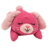 Pink plush toy with bunny ears on a white background