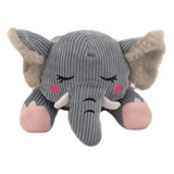 Plush elephant toy with gray body, pink feet and cheeks on a white background