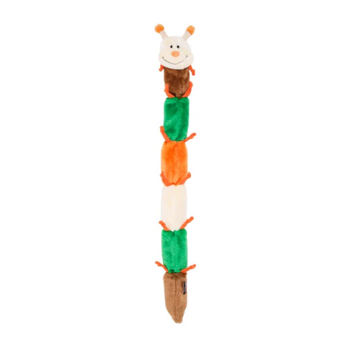 Stacked plush toys with a mouse on top, carrot, and green bean in the middle, on a white background.