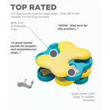 Dog puzzle toy with text highlighting its features and ratings on a white background