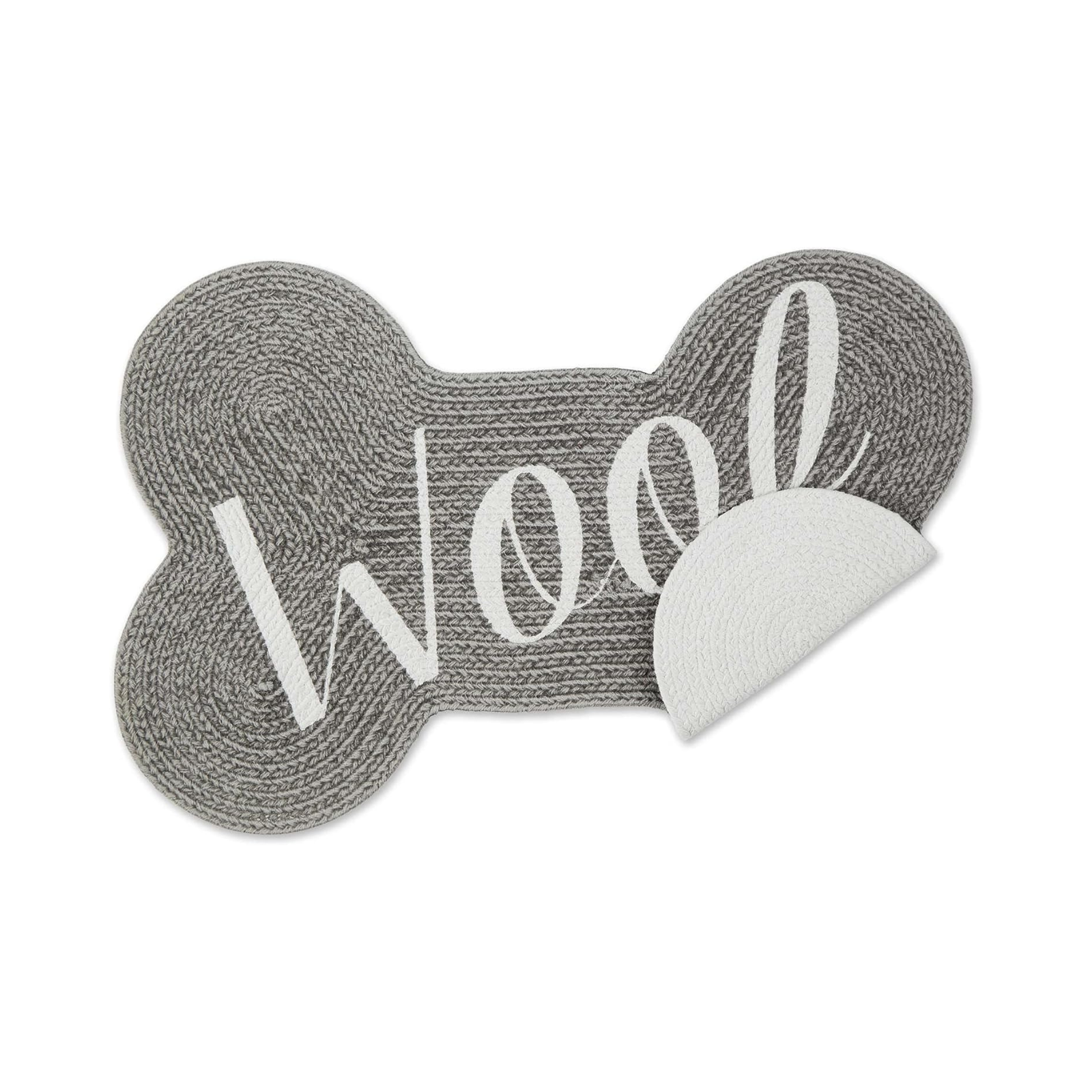 Gray bone-shaped mat with 'Woof' text on a white background