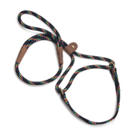 A black braided rope dog leash with colorful embroidered dots, brown leather accents, and brass hardware, shown on a plain white background.