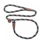 A braided dog leash with a black base and multicolored flecks, featuring brown leather accents and metal hardware, shown on a plain white background.