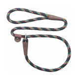 A braided dog leash with a black base and multicolored flecks, featuring brown leather accents and metal hardware, shown on a plain white background.