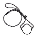 A black and gray braided rope with black plastic and leather loop connectors, laid out on a solid white background.