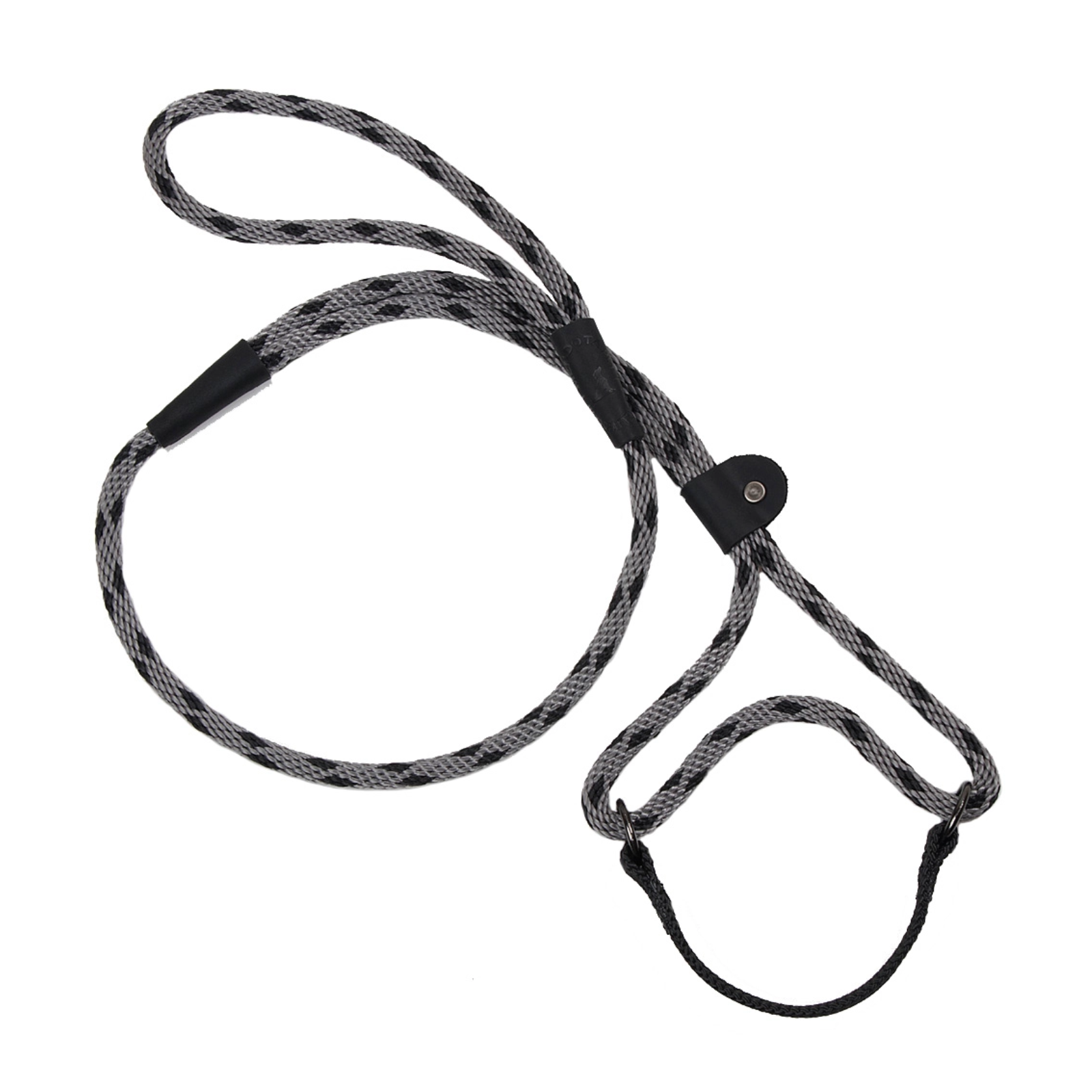A black and gray braided rope with black plastic and leather loop connectors, laid out on a solid white background.