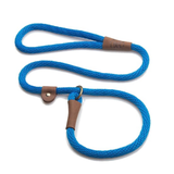 A bright blue braided rope dog leash with brown leather accents and a metal ring, photographed on a clean white background.