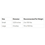 A size chart table for a pet product, showing Small and Large sizes with recommended pet weights and diameters.