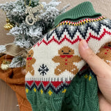 Knitted sweater with gingerbread design held by a hand, Christmas tree in the background