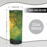 A 20oz (590ml) tall cylindrical cup featuring a printed design of a swirling tree with green, yellow, and brown tones. The image includes dimension lines showing the 7.