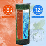 A tall insulated tumbler with a printed wraparound design, shown on a split orange-and-blue promotional background. The tumbler has a clear window revealing orange and blue drinks with ice, and large callouts read '6 flt For 6 Hours' and '12 Cold For 12 Hours.
