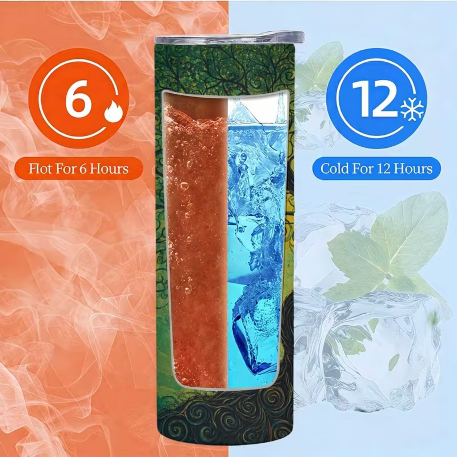 A tall insulated tumbler with a printed wraparound design, shown on a split orange-and-blue promotional background. The tumbler has a clear window revealing orange and blue drinks with ice, and large callouts read '6 flt For 6 Hours' and '12 Cold For 12 Hours.
