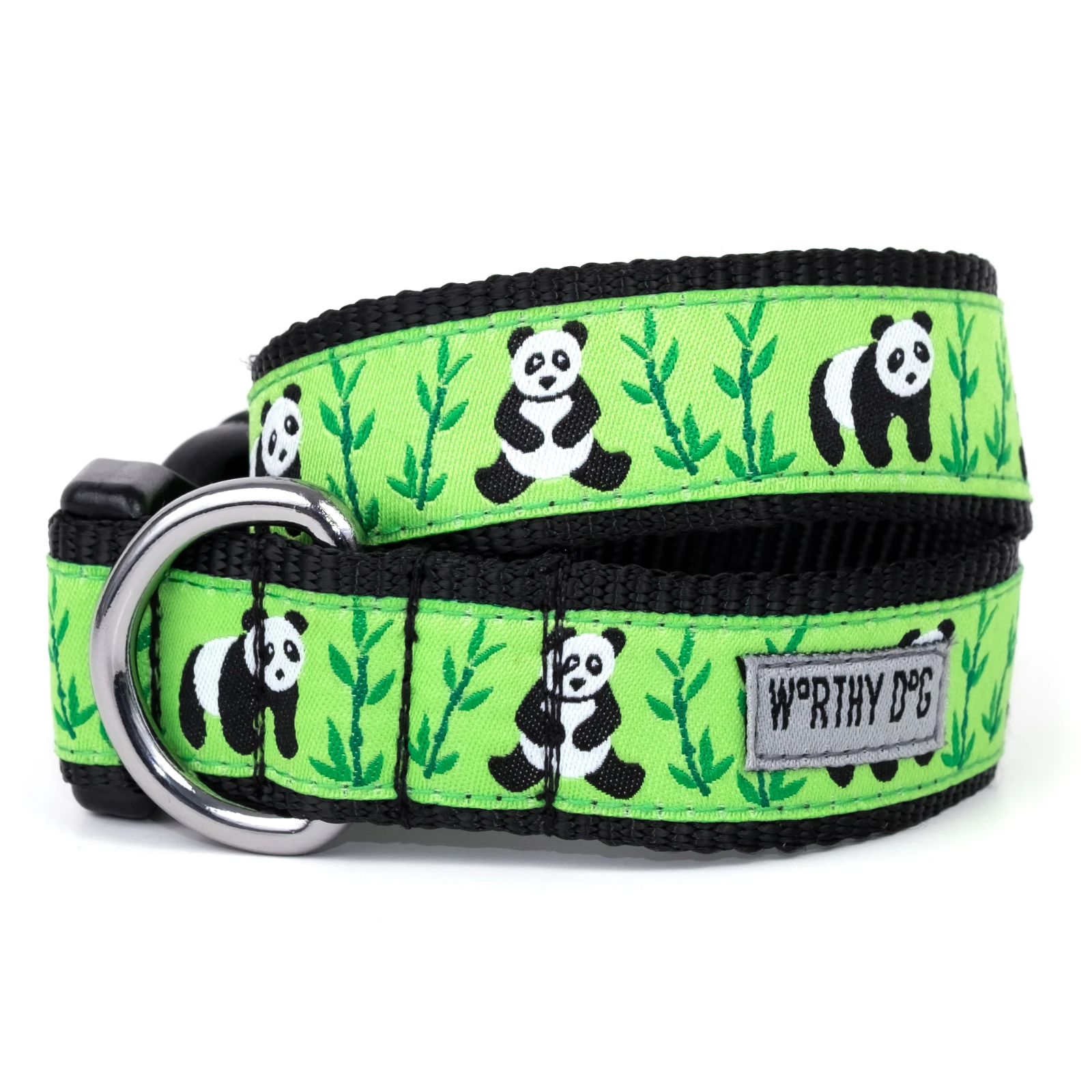 Green dog collar with panda design and 'Worthy Dog' branding on a white background