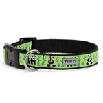 A black nylon dog collar with a bright green patterned band featuring panda prints and bamboo, complete with a silver metal ring and black plastic buckle. A silver brand tag reading 'WORTHY OF P' is visible on the front.