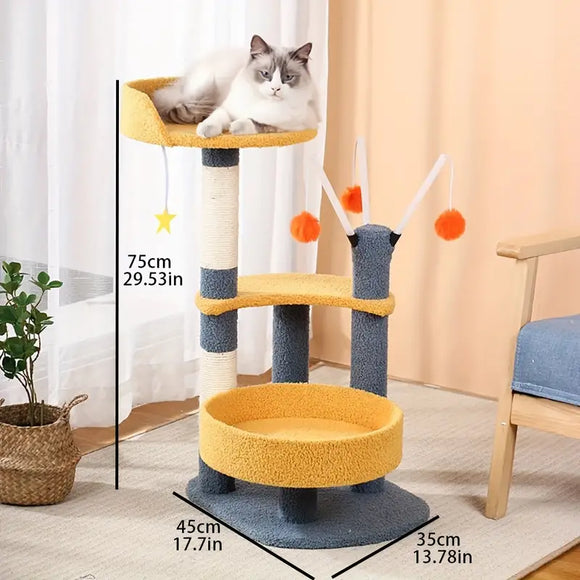 Yellow & Blue Multi Level Tower with Toys and Sisal Post