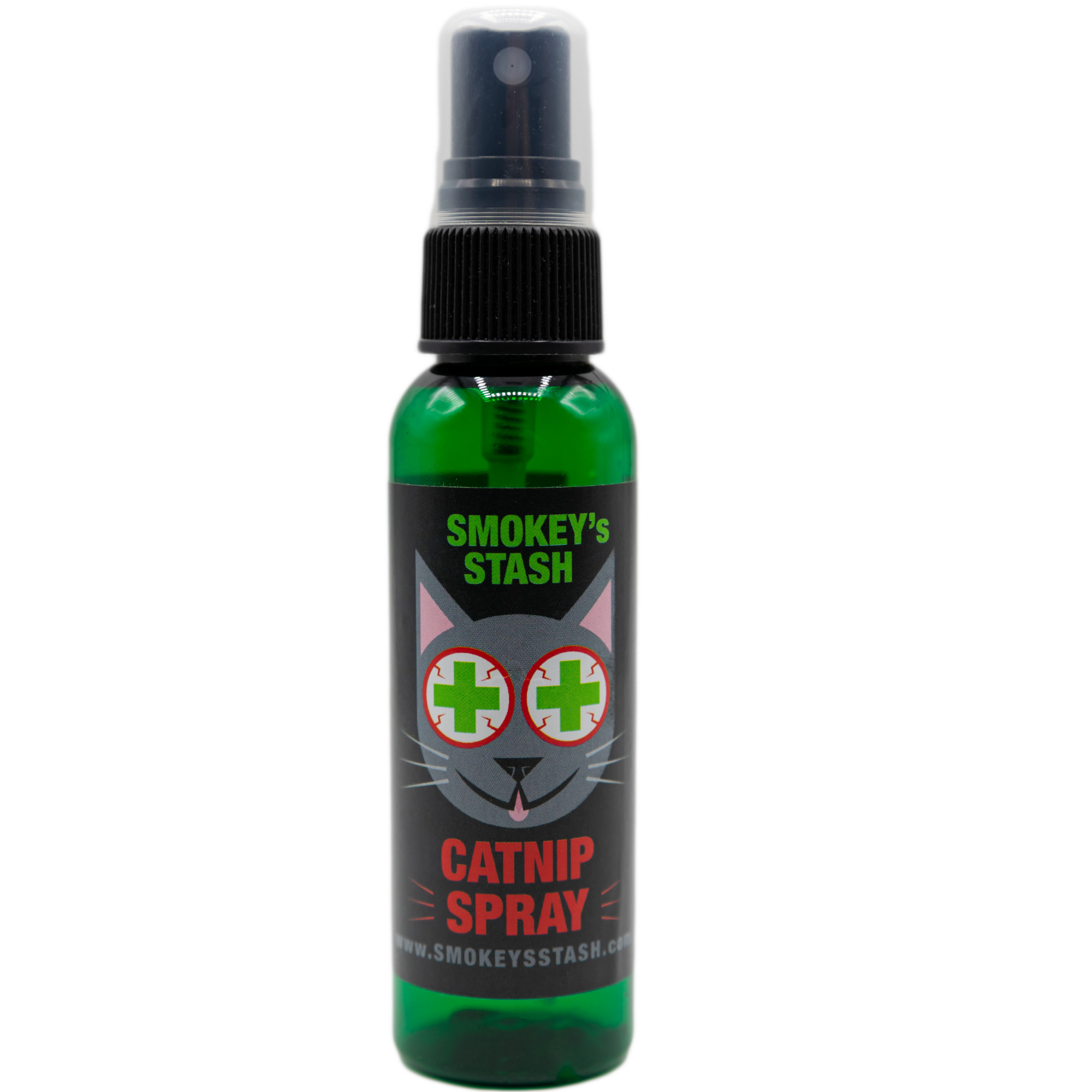 Green spray bottle labeled 'Smokey's Stash Catnip Spray' on a white background