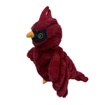A plush toy shaped like a cardinal bird, made from textured burgundy fabric, featuring a black face patch, orange beak, and a single visible eye.