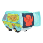 A plush toy shaped like the Mystery Machine van from Scooby-Doo, featuring light blue, lime green, and dark navy panels with the red ghost graphic and 'Mystery Machine' text.