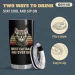 Black tumbler with a cat design and text on a blue background