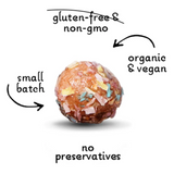 Gluten-free, non-GMO, organic, vegan, small batch donut hole with text on a white background