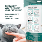 Cat urine collection kit with instructions and a cat's face in the foreground