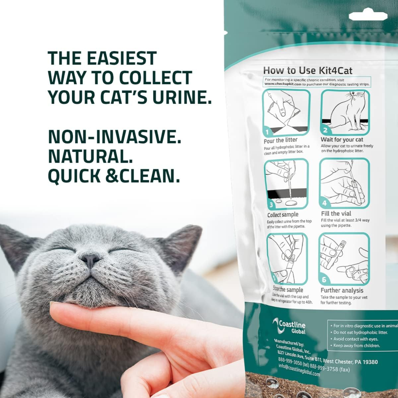 Cat urine collection kit with instructions and a cat's face in the foreground