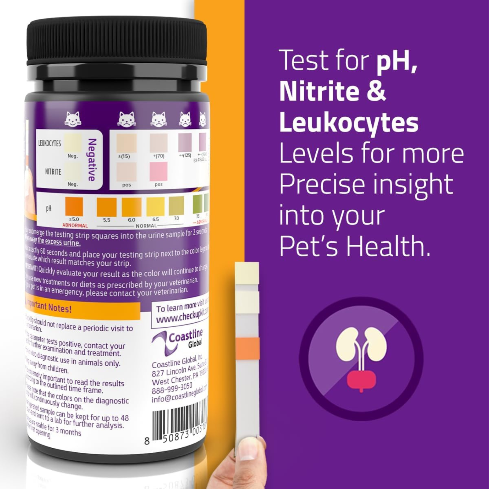 Pet health test kit with label and purple background