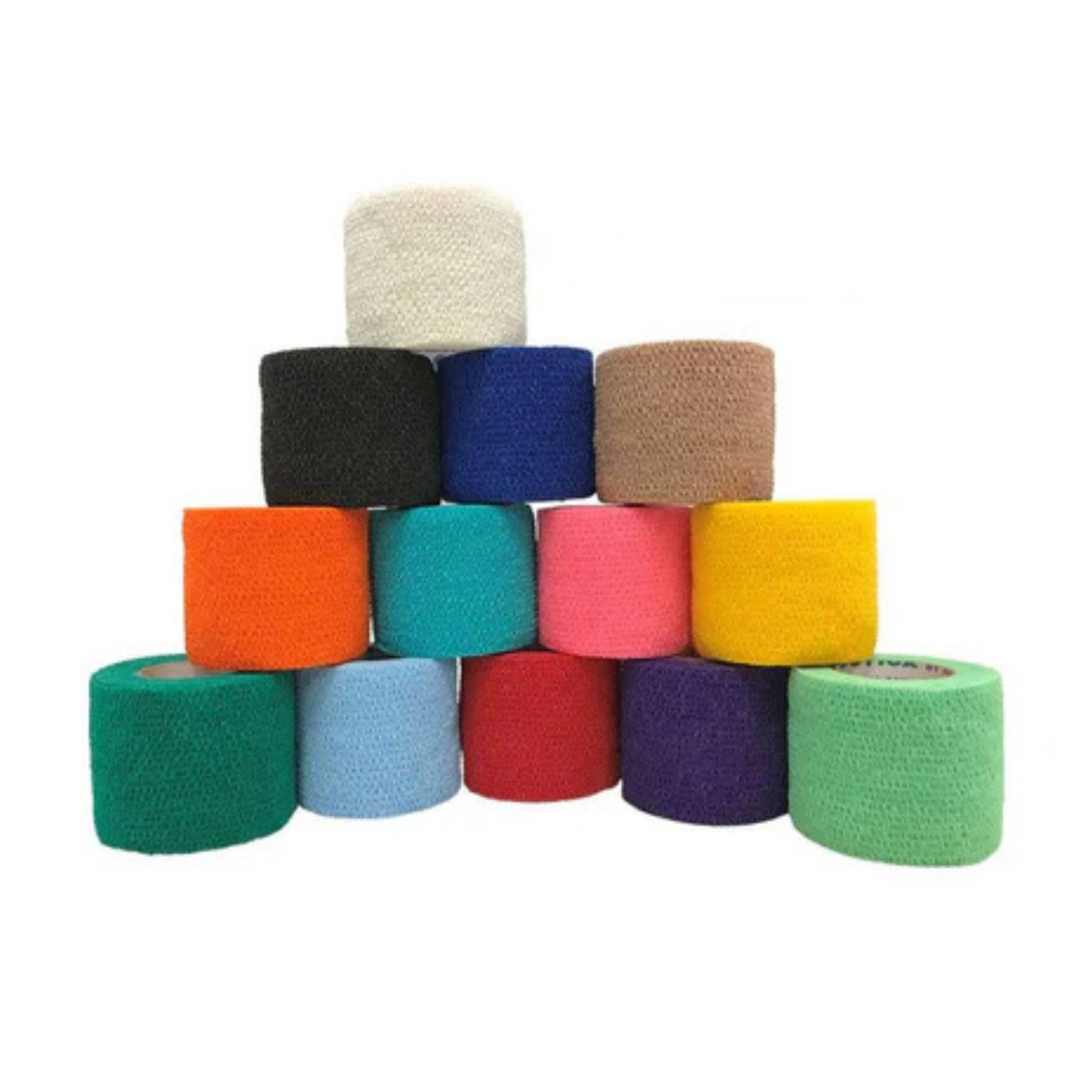 Assorted colorful rolls of tape stacked on a white background