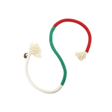 Colorful dog toy with red, green, and white sections on a white background