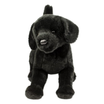 Black plush dog toy on a white background