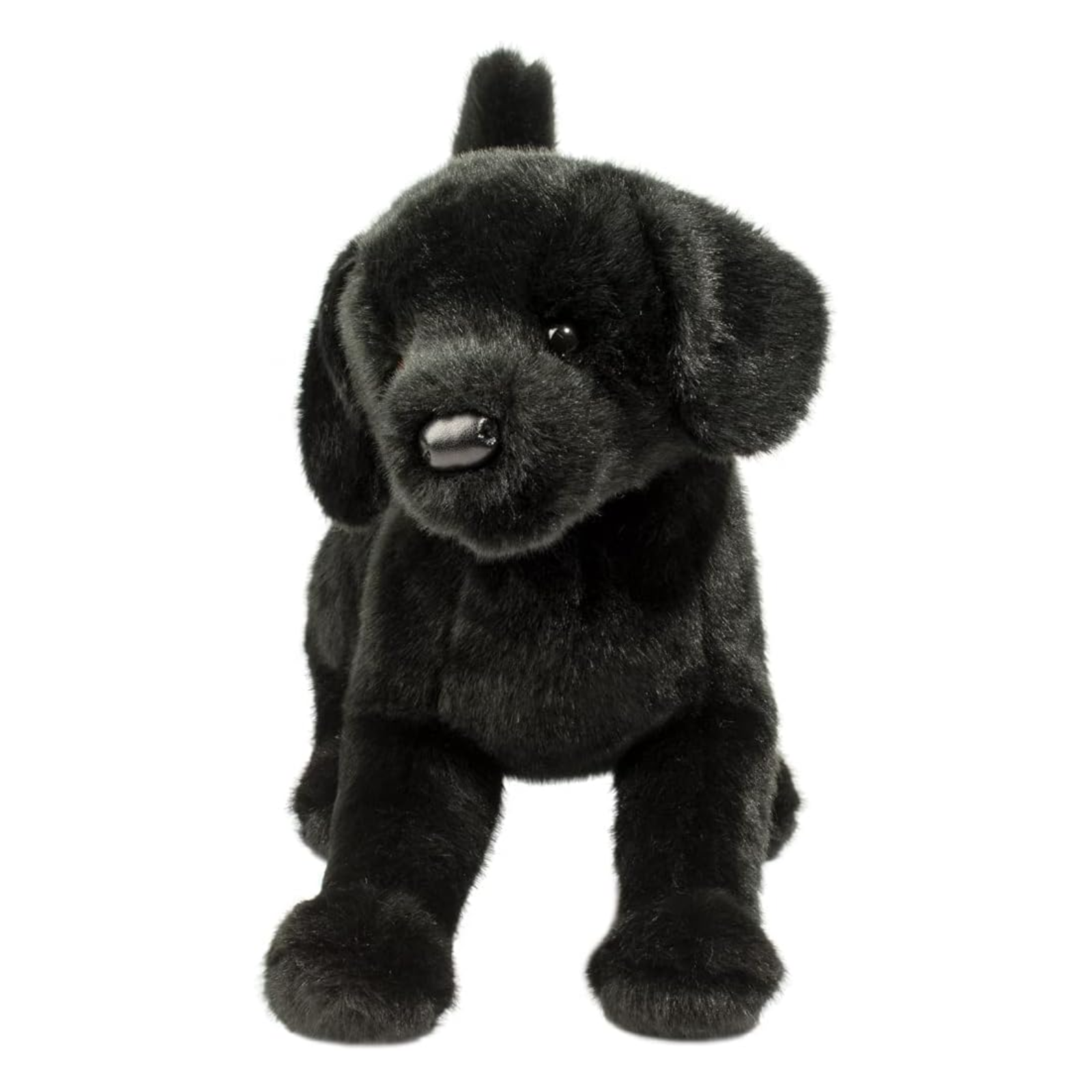 Black plush dog toy on a white background