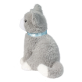Gray plush toy with a blue ribbon on a white background