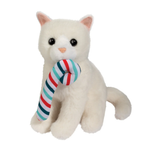 White plush cat toy with a striped candy cane on a white background