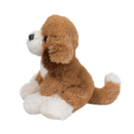 Plush dog toy with brown and white fur on a white background