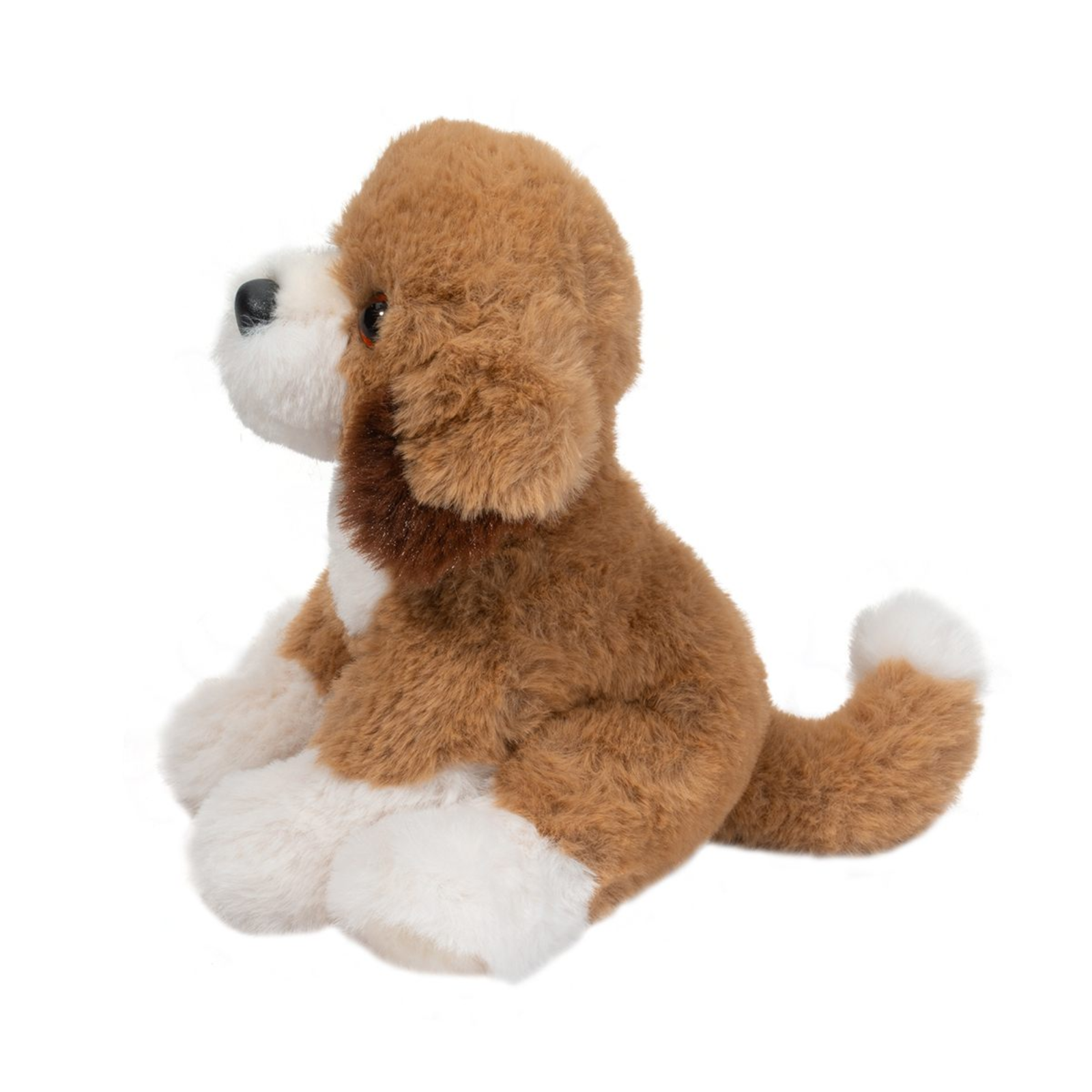 Plush dog toy with brown and white fur on a white background