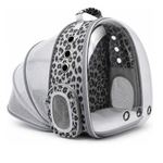 A clear plastic and mesh pet carrier backpack with a gray and black leopard print pattern, shown on a white background.