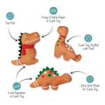 Three plush dinosaur toys on a white background