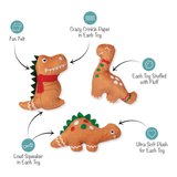 Three plush dinosaur toys on a white background
