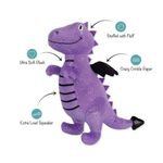 A purple glittery dragon plush toy with black wings and tail tip, shown on a white background with callout labels and icons reading 'Stuffed with Fluff,' 'Ultra Soft Plush,' 'Crazy Crinkle Paper,' and 'Extra Loud Squeaker.'.