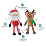 Two plush toys, one resembling Santa Claus and the other a reindeer, on a white background with text describing features.