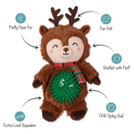 Plush toy reindeer with features highlighted on a white background